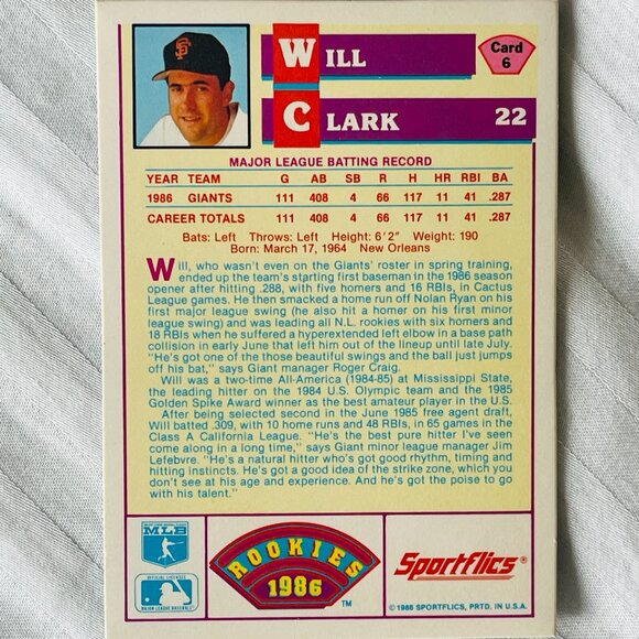 SPECIAL 3D CARD -WILL CLARK - 1986 ROOKIES SF. CARD 6. SPORTFLICS. - Picture 5 of 5